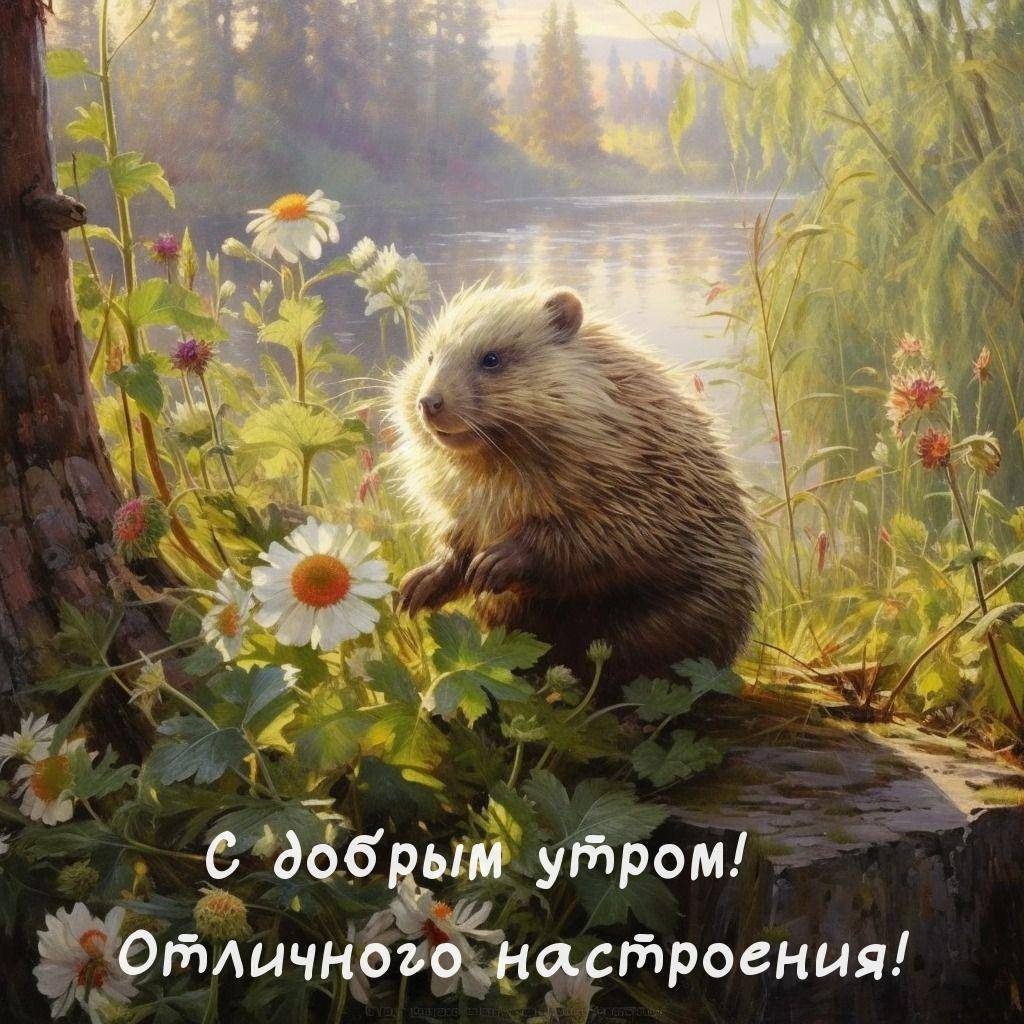 Маленький ежик среди цветов у реки