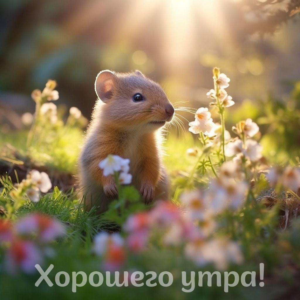 Маленький грызун среди цветов на фоне солнечных лучей