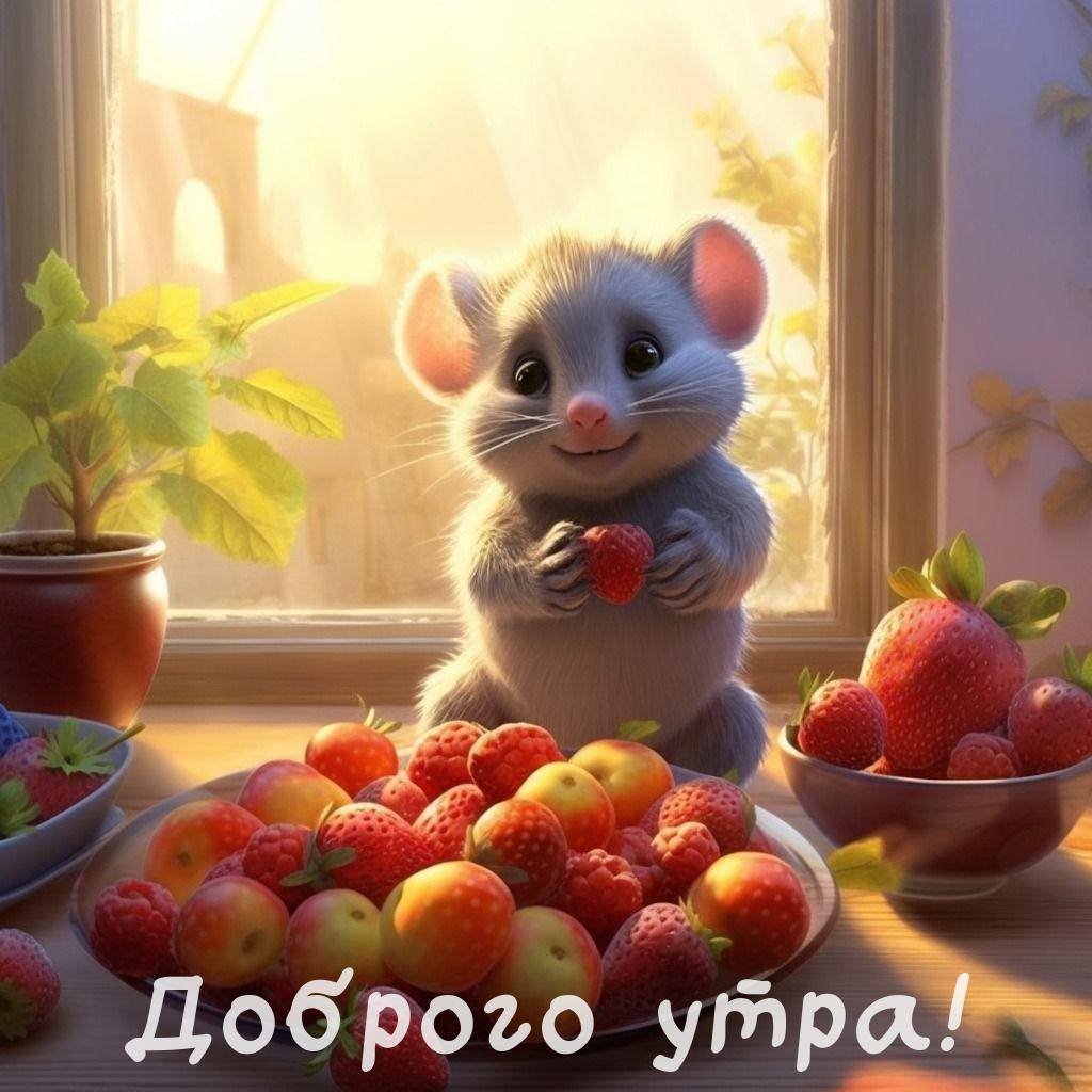 Милый грызун смотрит в окно, рядом фрукты