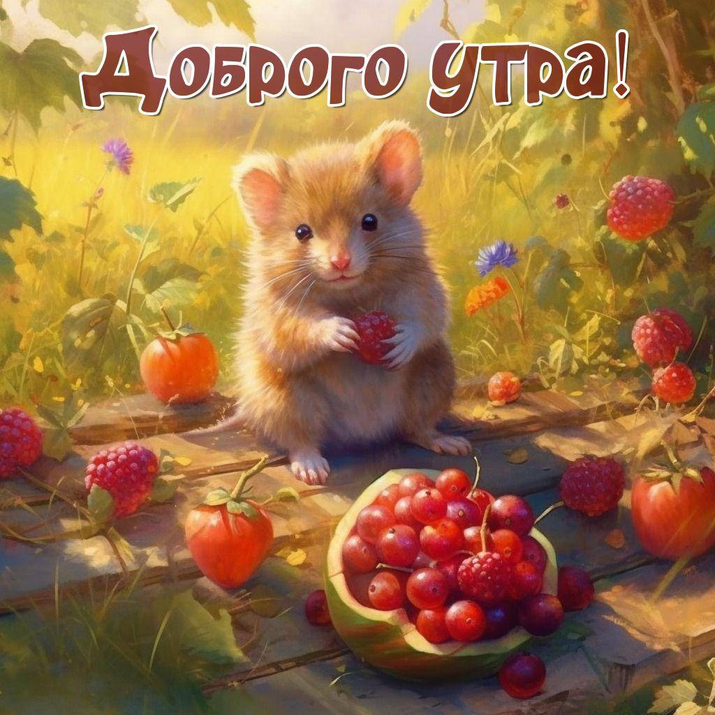 Милый хомяк с малиной и вишнями