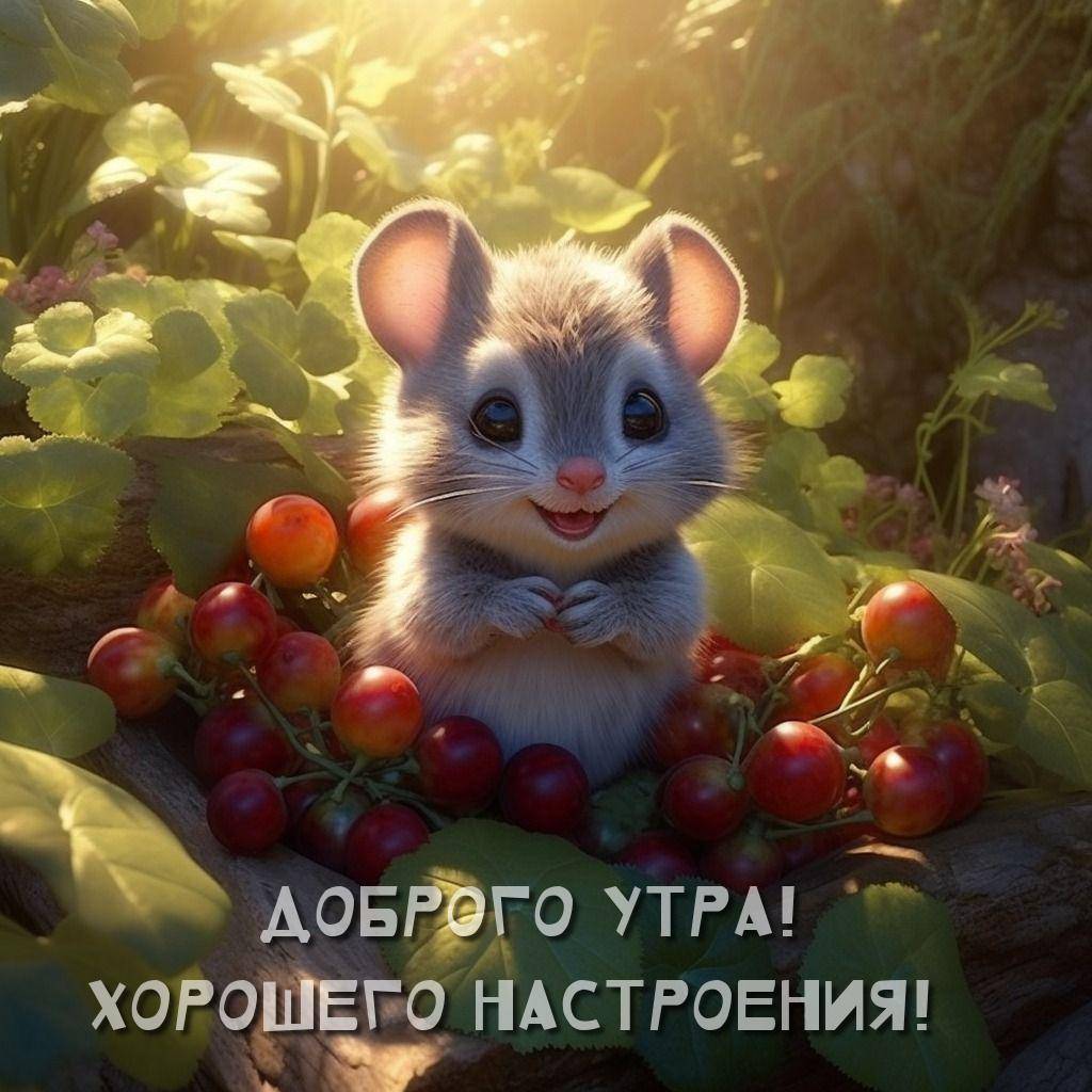 Милый мышонок среди зеленых листьев и ягод
