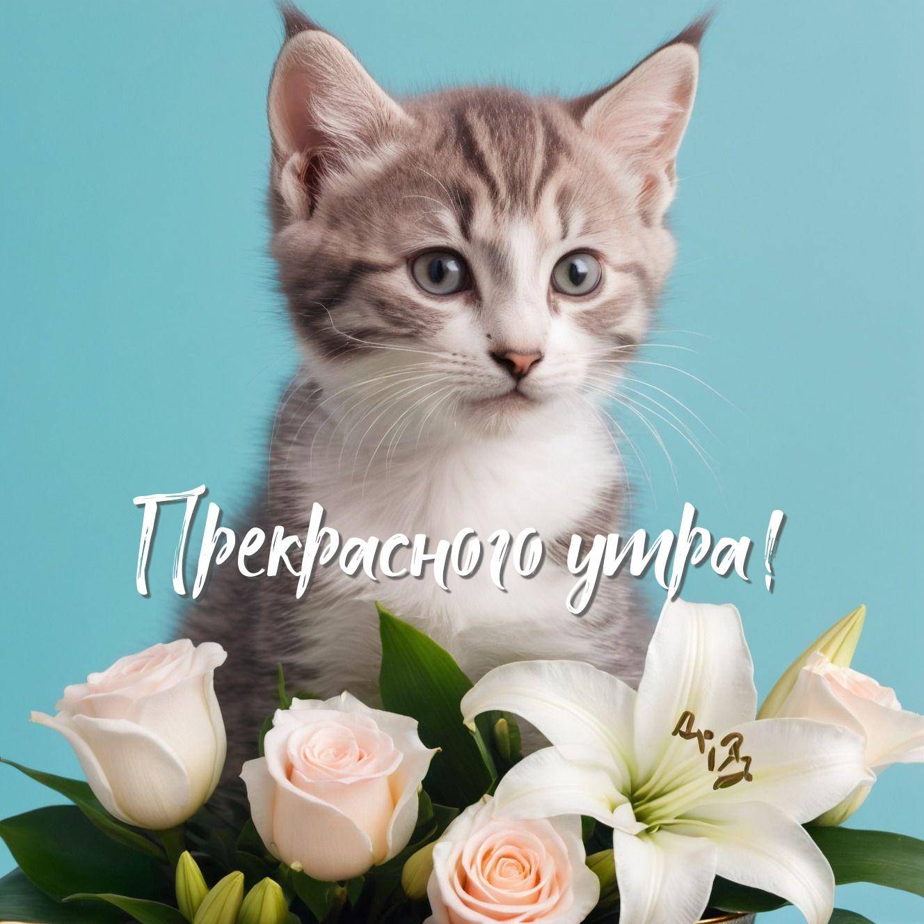 Молодой котенок среди цветов