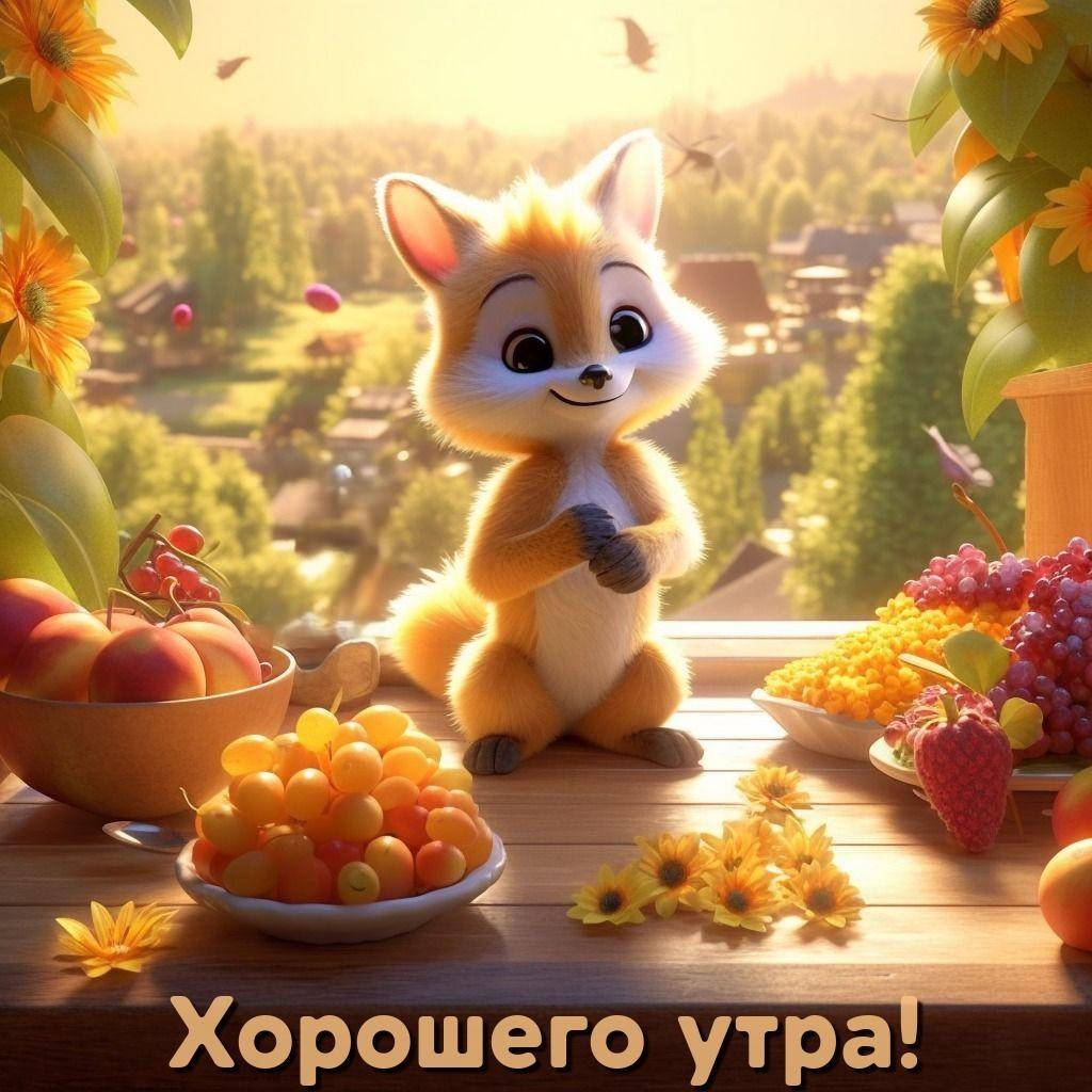Мультяшный персонаж лисенок с фруктами и цветами