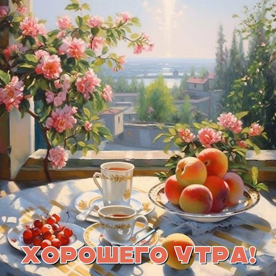 Натюрморт с персиками и кофе у окна