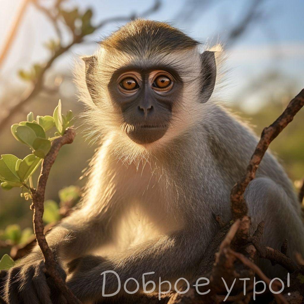 Обезьяна сидит на ветке среди зелёных листьев