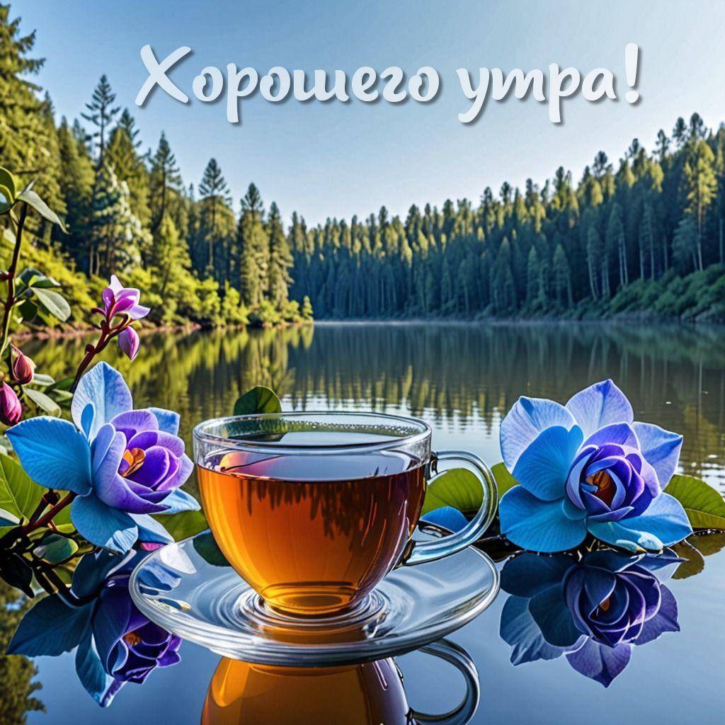 Отражение деревьев в чашке чая у озера