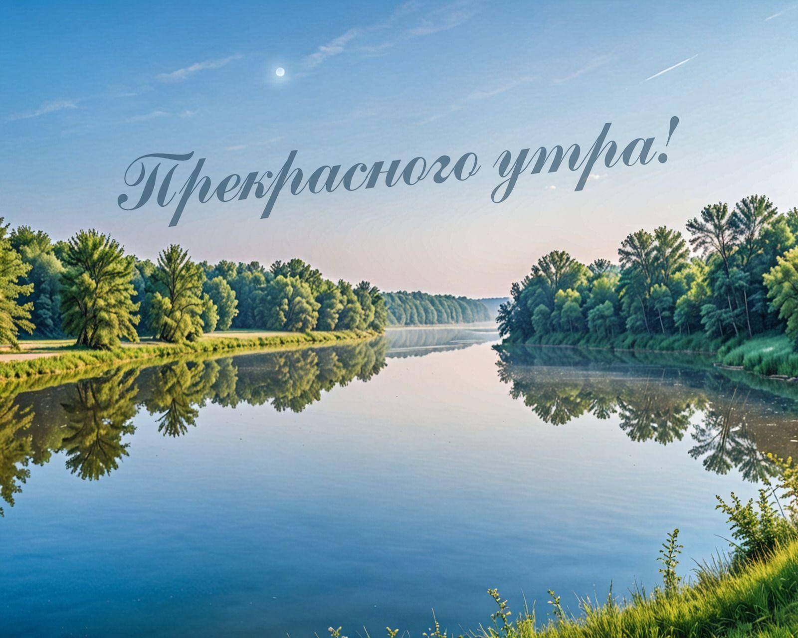Отражение деревьев в реке, ясное небо с луной