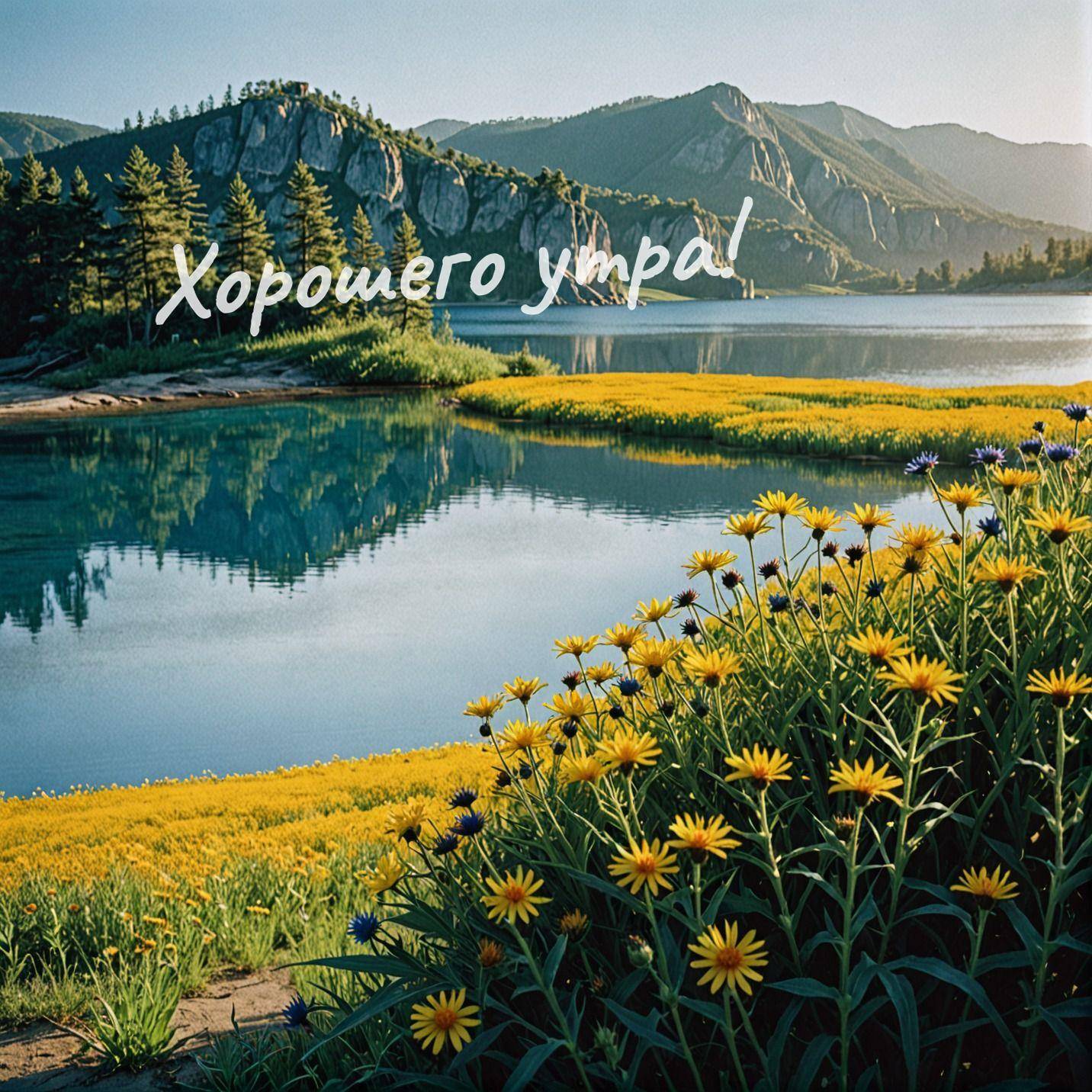 Отражение гор в озере, желтые цветы на переднем плане