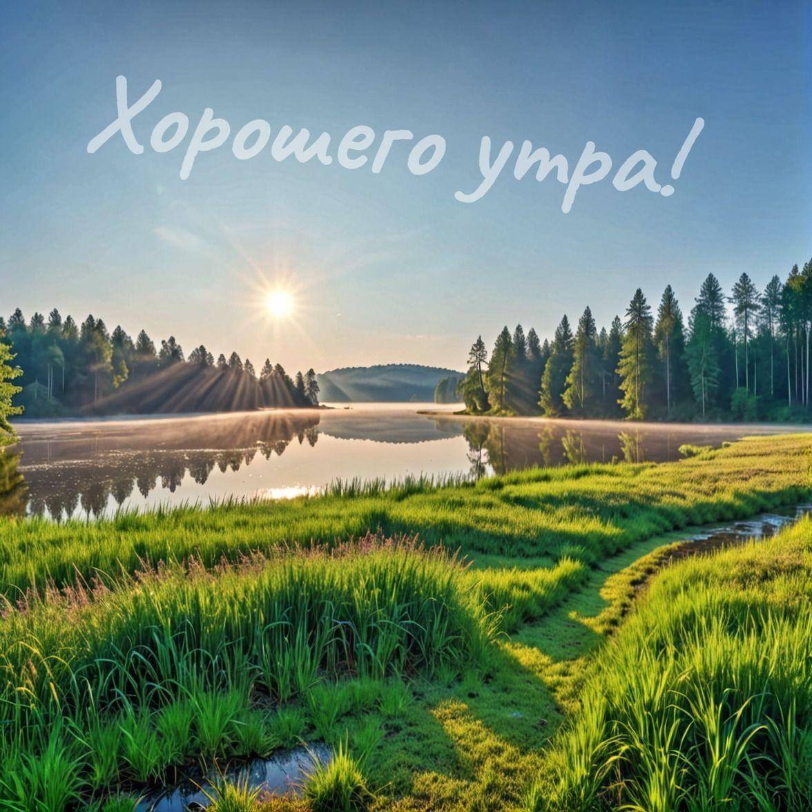 Отражение солнца на воде, зеленая трава, лес