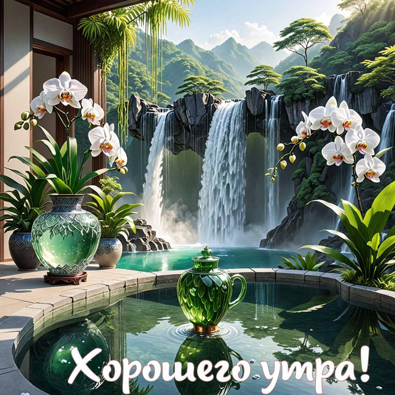 Отражение ваз и орхидей на фоне водопада