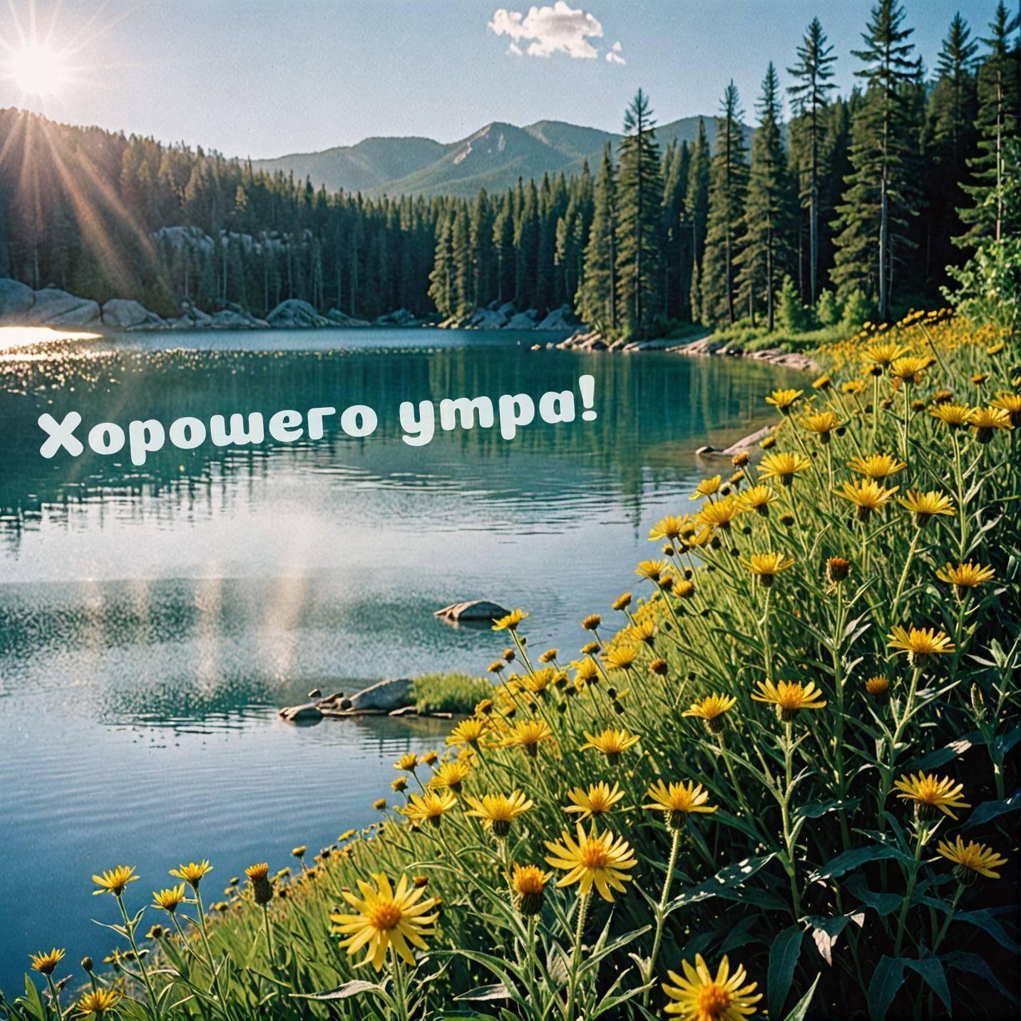Озеро среди гор, окруженное лесом и цветами