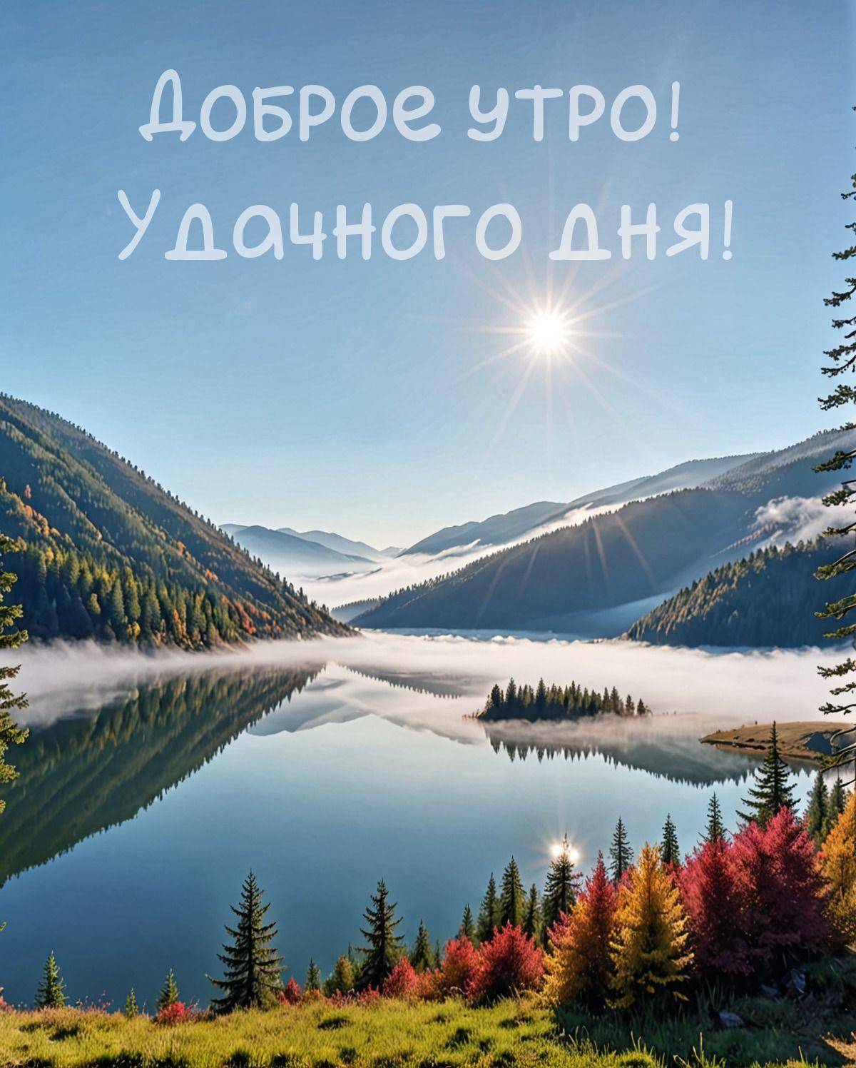 Озеро среди гор, отражение воды, утренний туман