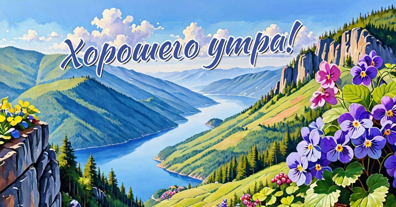 Панорама горного пейзажа с рекой и цветами