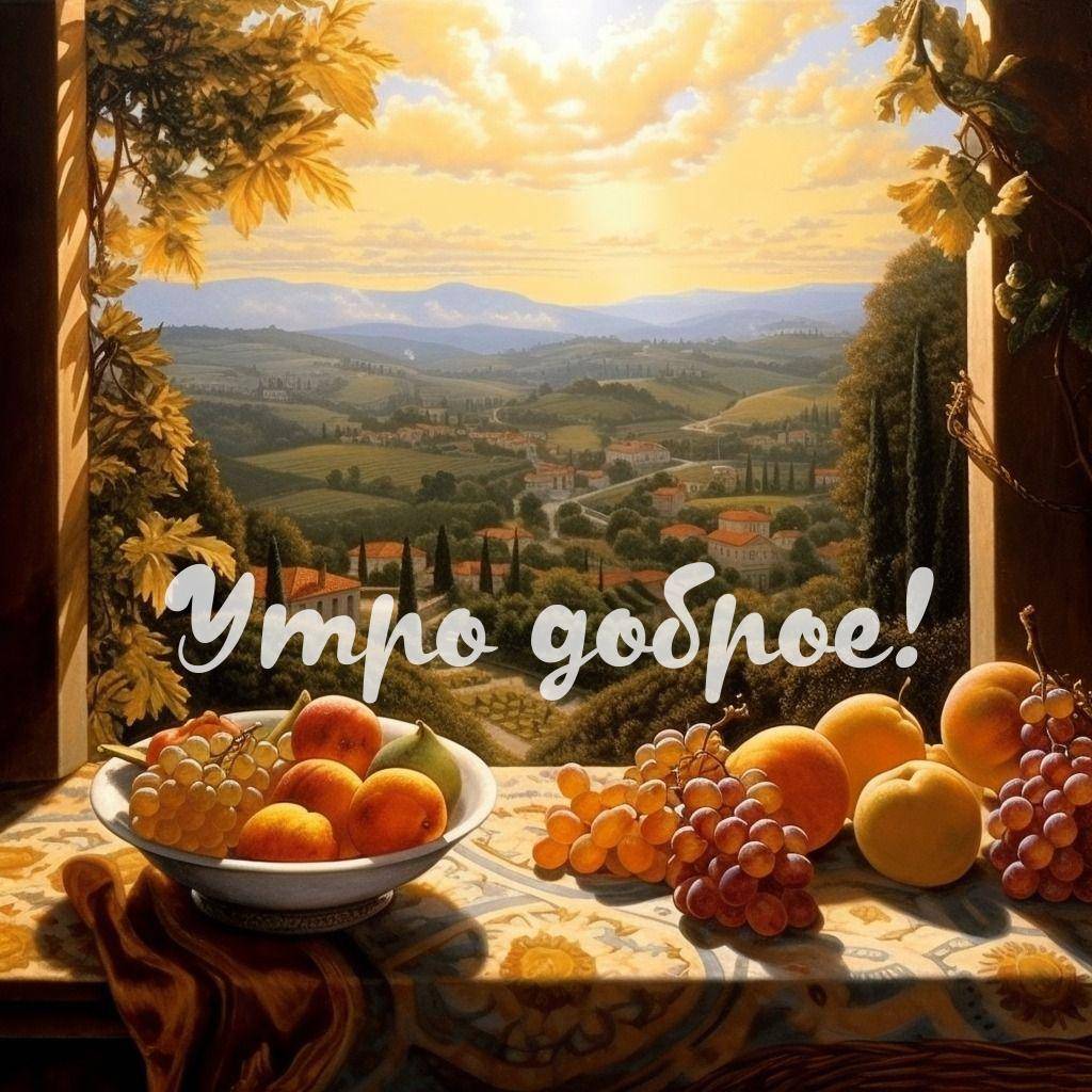 Пейзаж с видом на холмы, виноград и фрукты на столе
