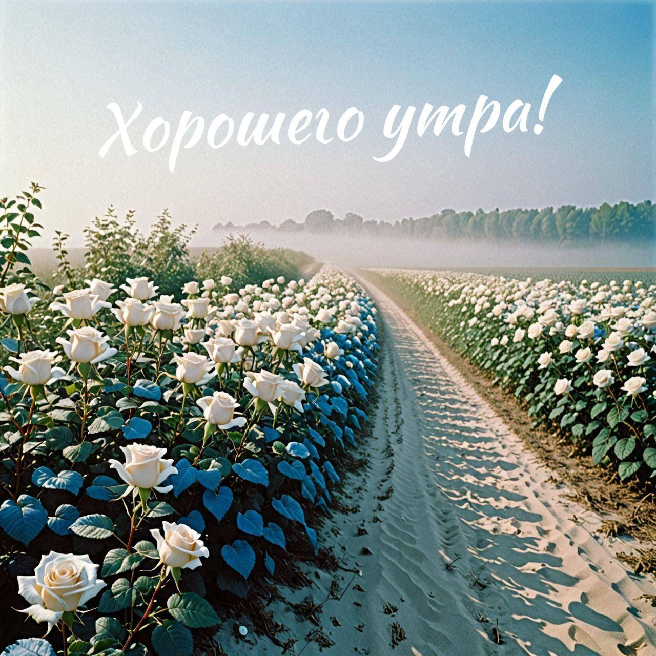 Поле белых роз, песчаная тропинка, утренний туман
