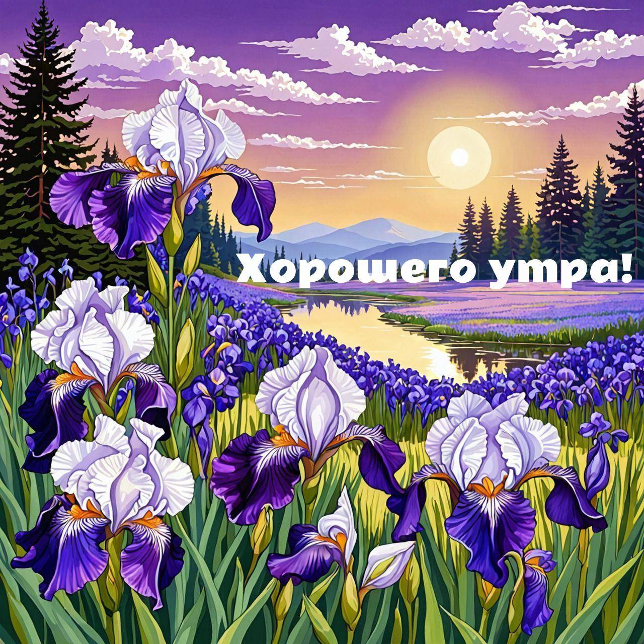 Поле фиолетовых ирисов, река, лес и горы на рассвете