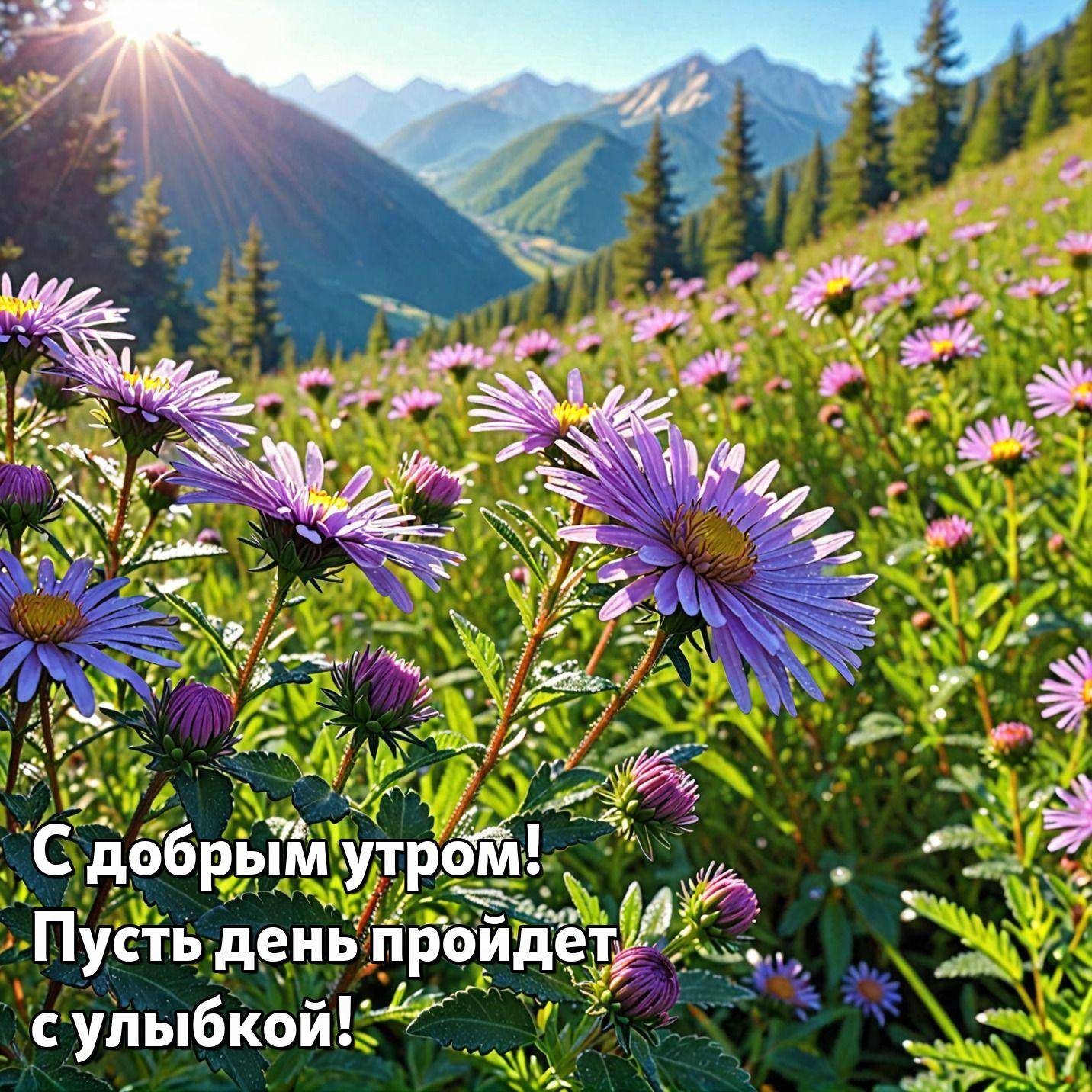 Поле с фиолетовыми цветами, зеленые горы, солнечные лучи