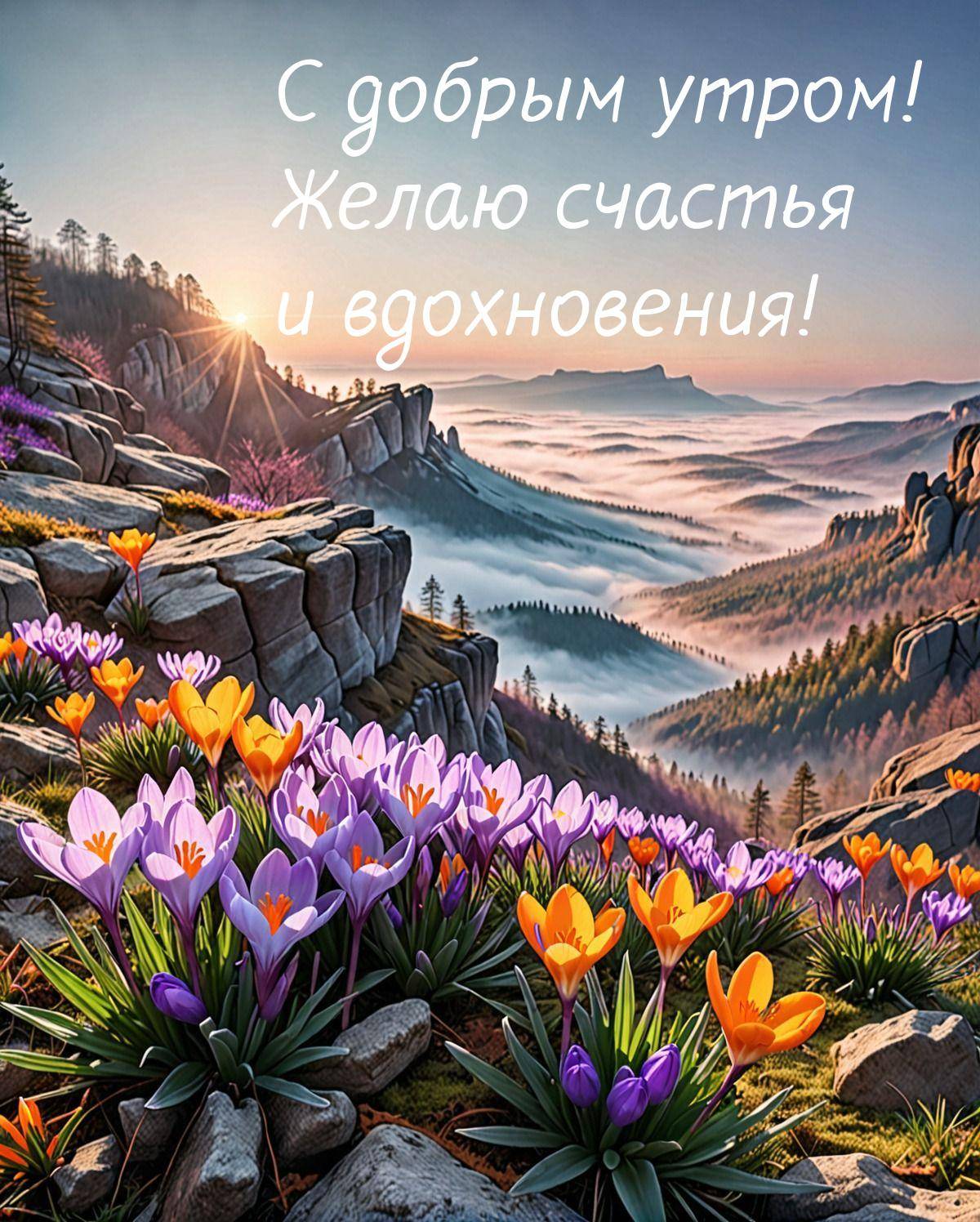 Поле цветущих крокусов, скалы и туман в долине