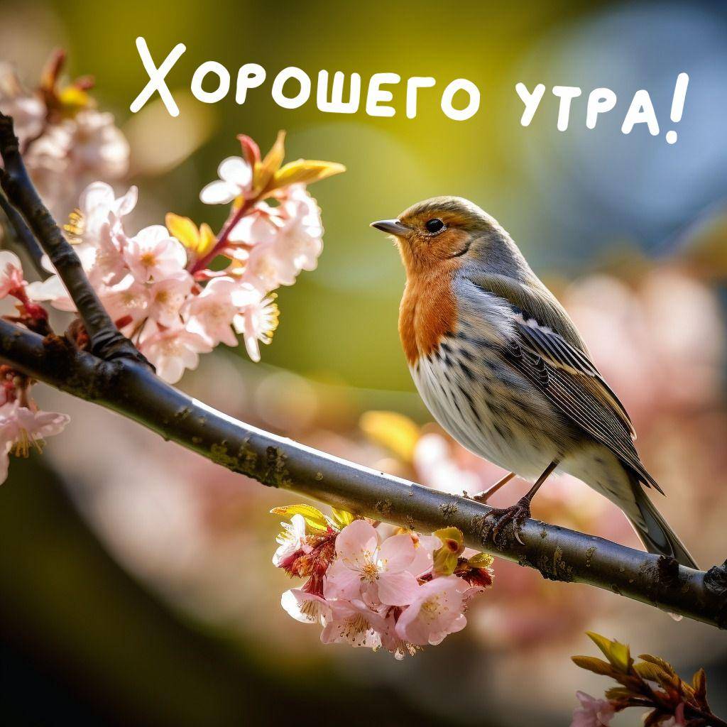 Птица на ветке с цветами