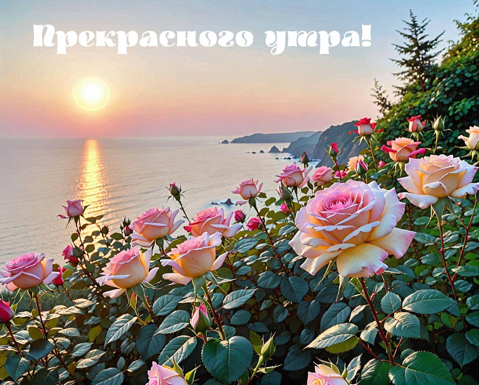 Рассвет над океаном, розовые розы на переднем плане