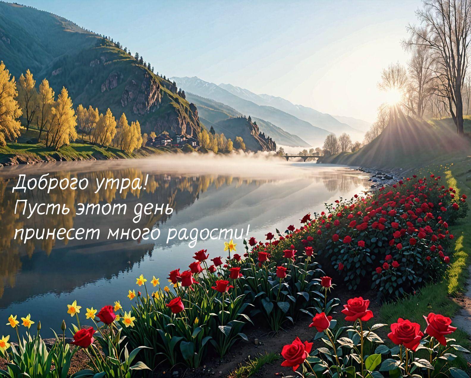 Рассвет над рекой, горы, отражение воды, цветущие кусты