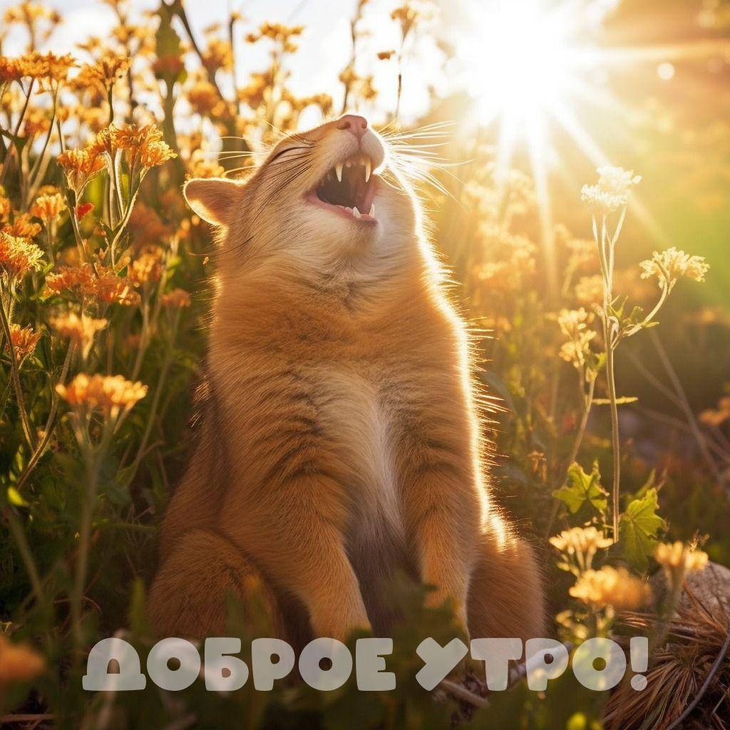 Рыжий кот зевает среди цветов на фоне солнечных лучей