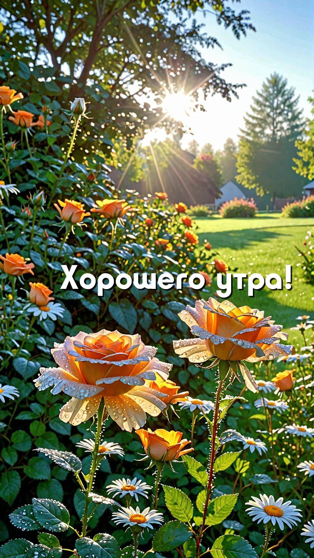 Розы и ромашки с росой на лепестках, солнечные лучи сквозь деревья
