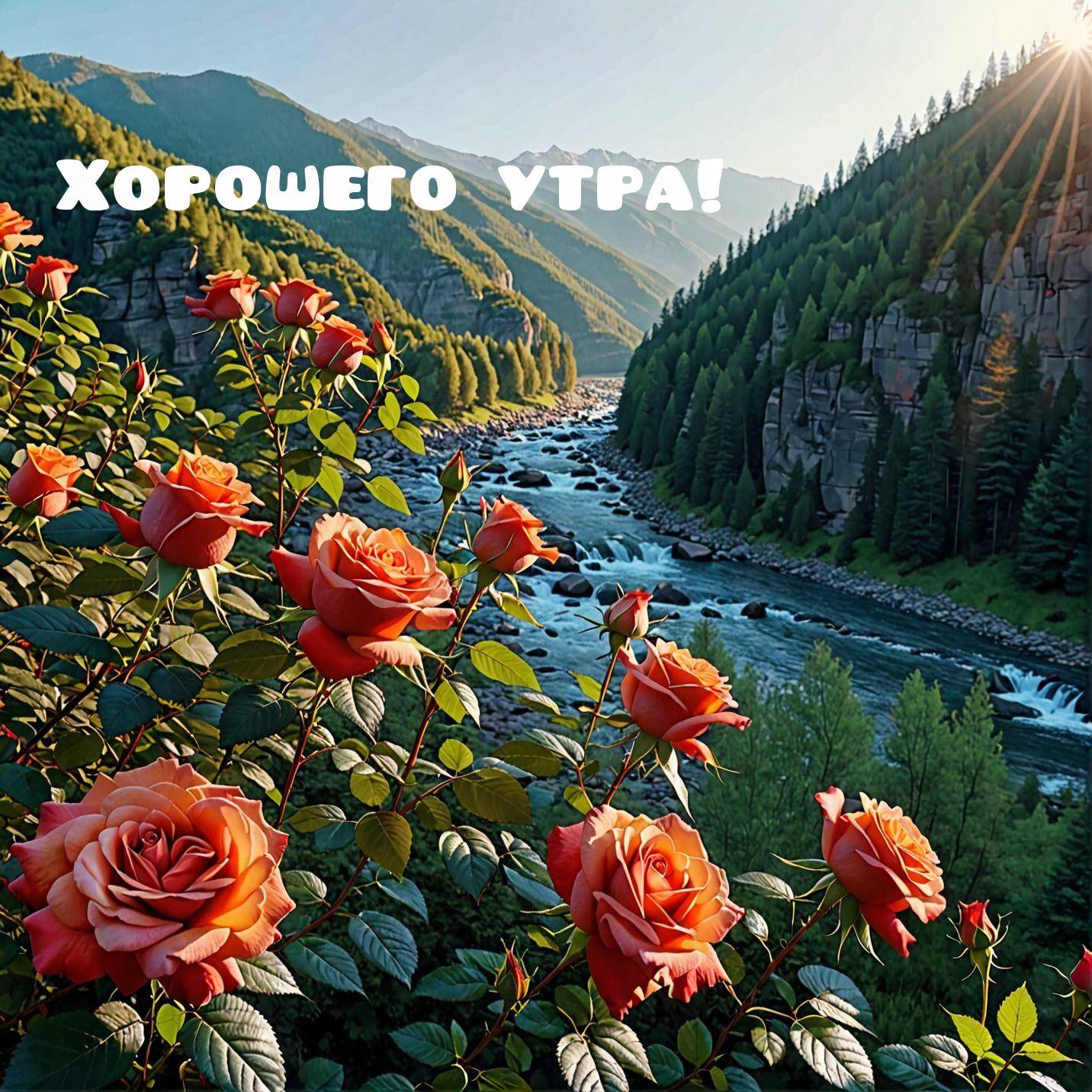Розы на переднем плане, река и горы на заднем