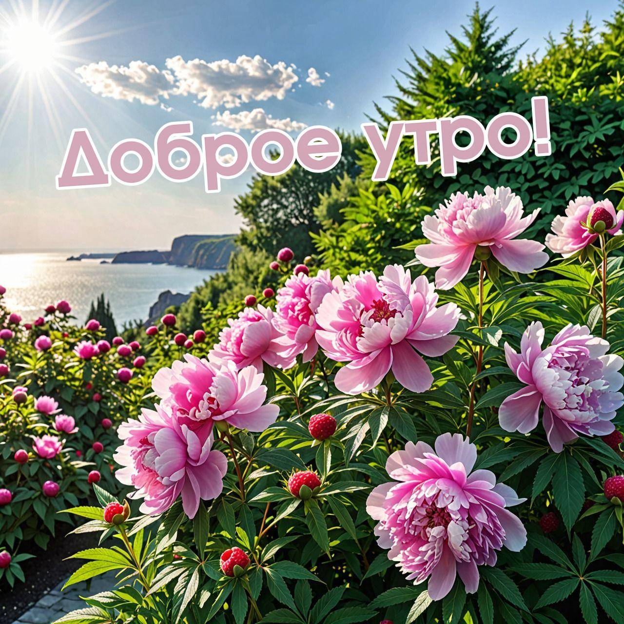 Розовые пионы на фоне моря и зелени