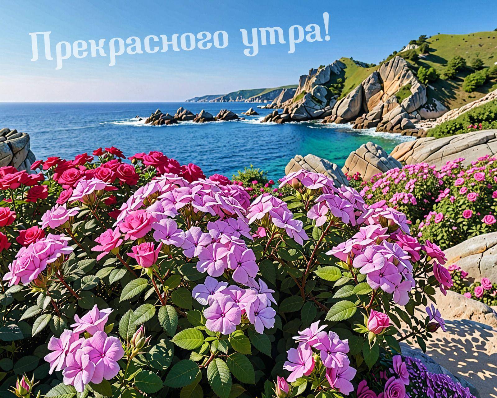 Розовые цветы на фоне моря и скал