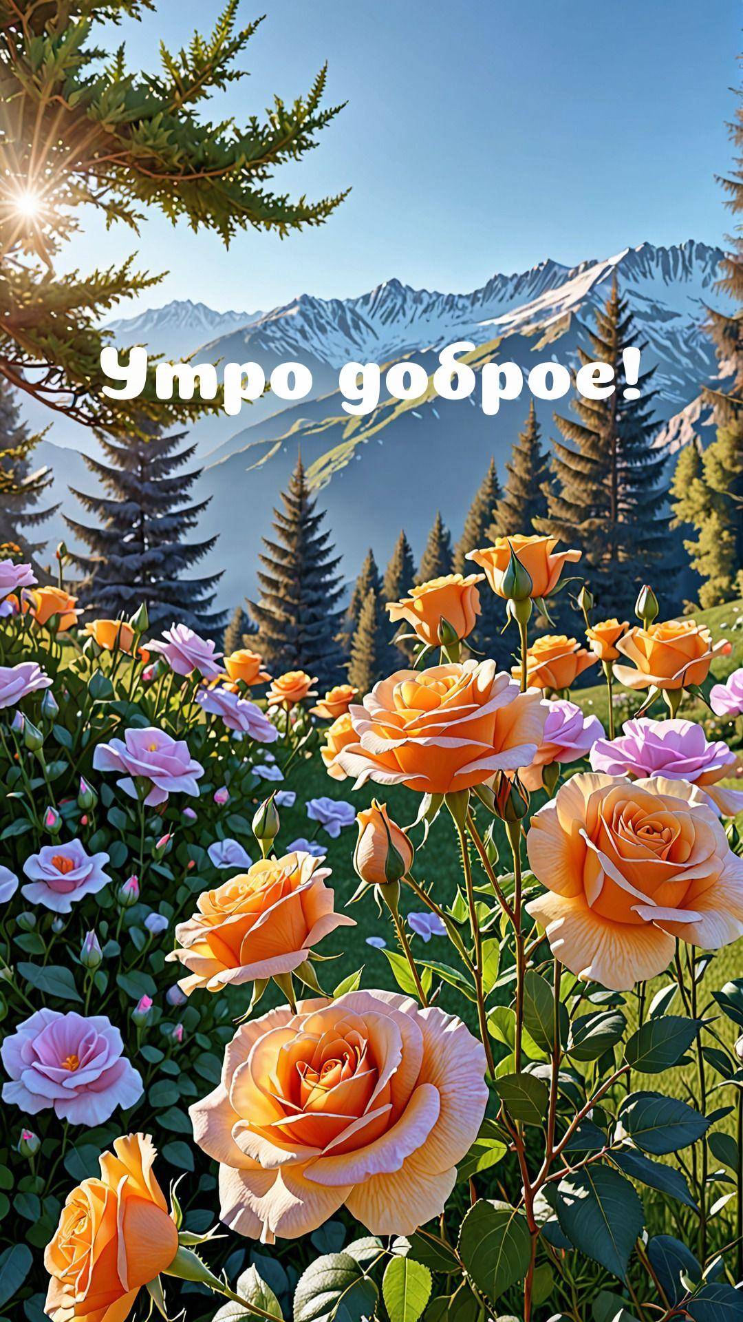 Розовый куст на фоне снежных гор и хвойных деревьев