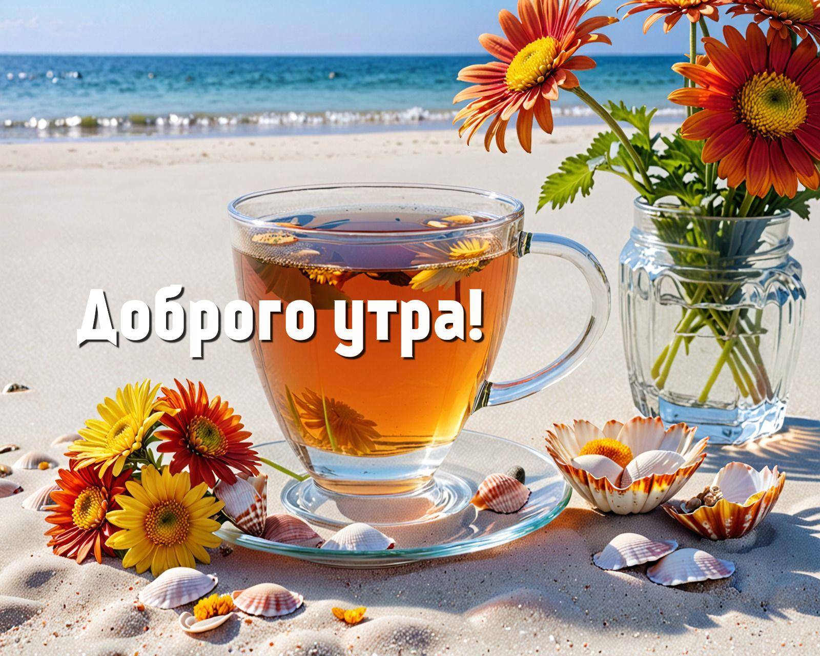 Стеклянная чашка с чаем и цветами на песке