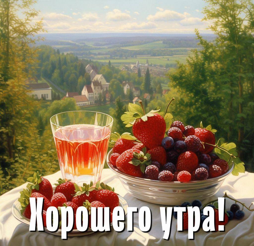 Стеклянный стакан с соком, ягоды на тарелке