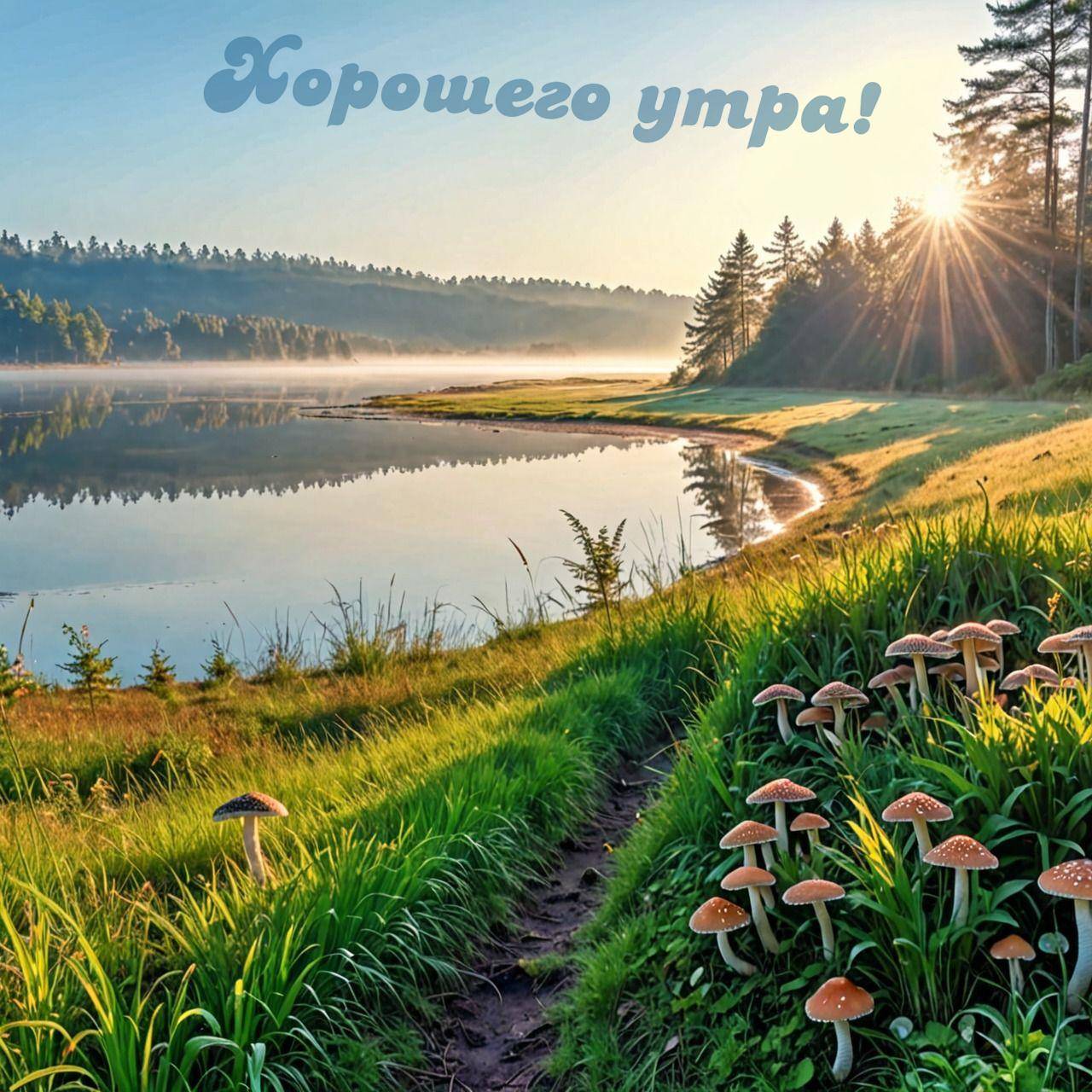 Тихое утро у реки, туман, солнце, грибы на переднем плане