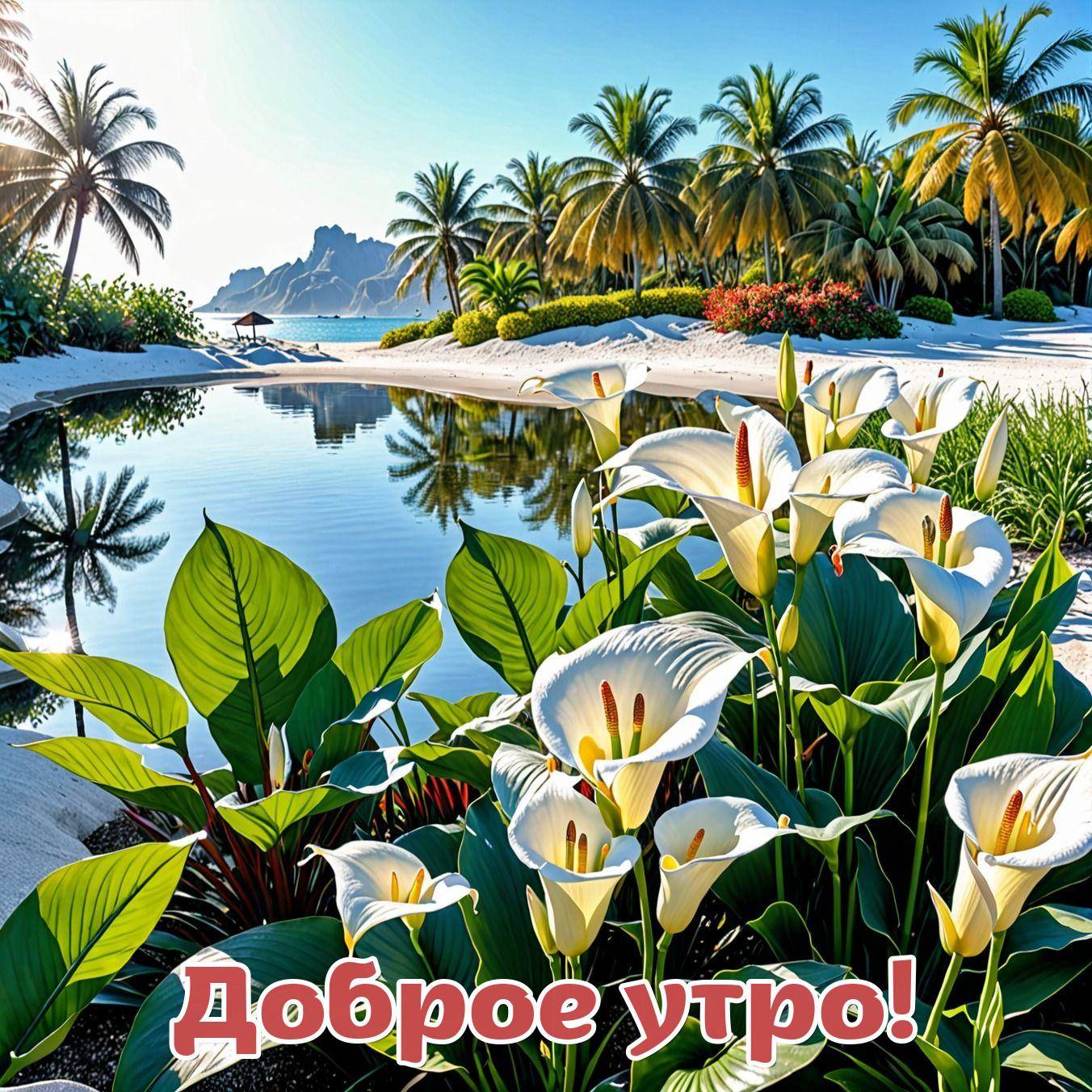 Тропический пейзаж с белыми цветами и пальмами