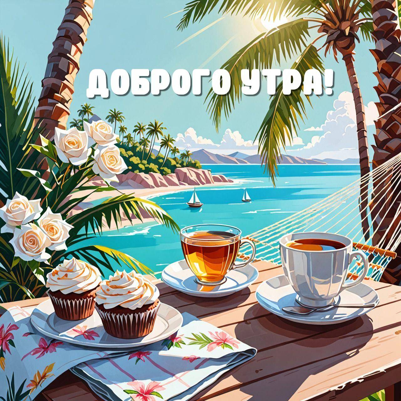 Тропический пейзаж с чаем и капкейками на столе