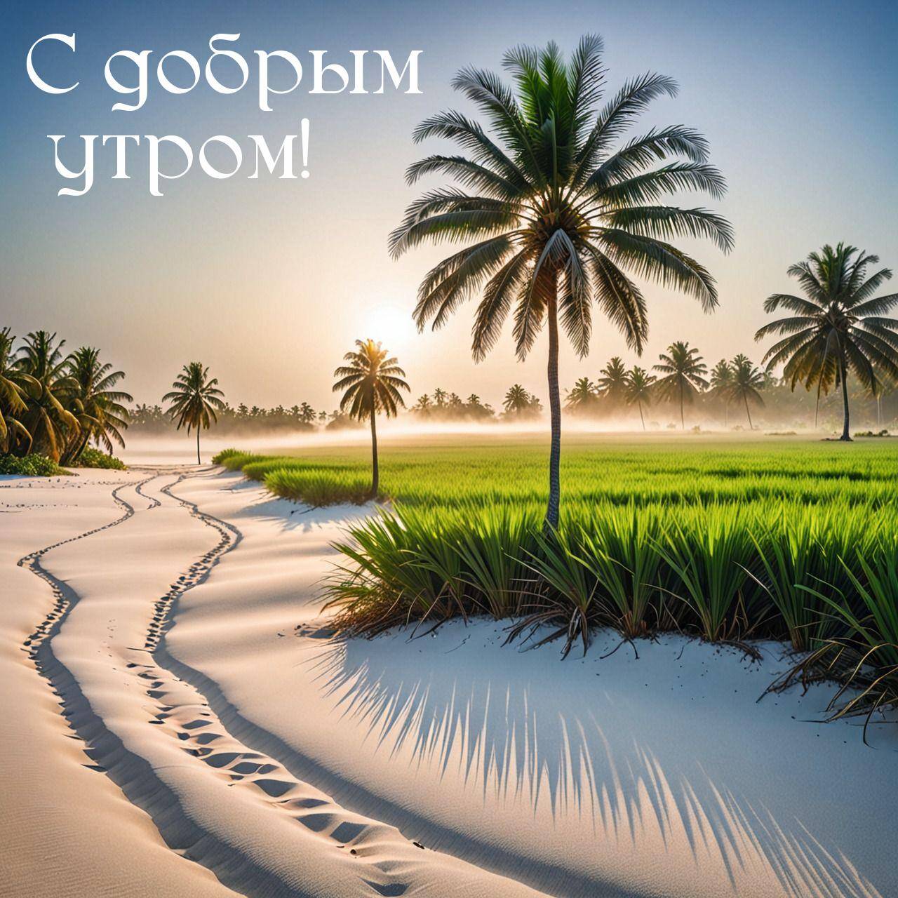 Тропический пейзаж с пальмами и следами на песке