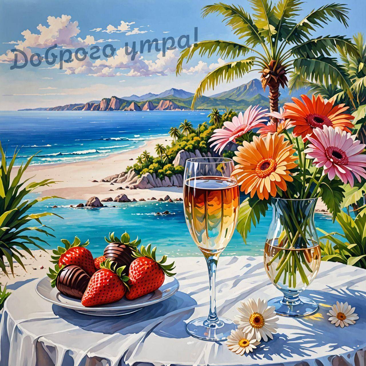 Тропический пляж, море, пальмы, яркие цветы на столе и клубника