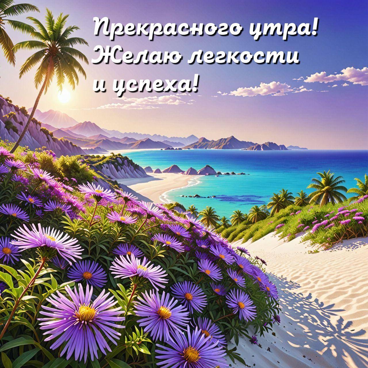 Тропический пляж, пальмы, море, горы вдалеке, цветущие растения на переднем плане