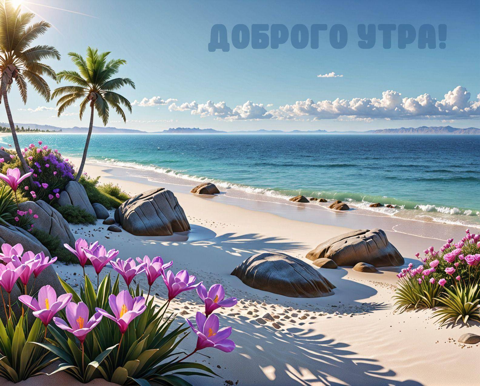 Тропический пляж, пальмы, цветы, скалы, морской пейзаж