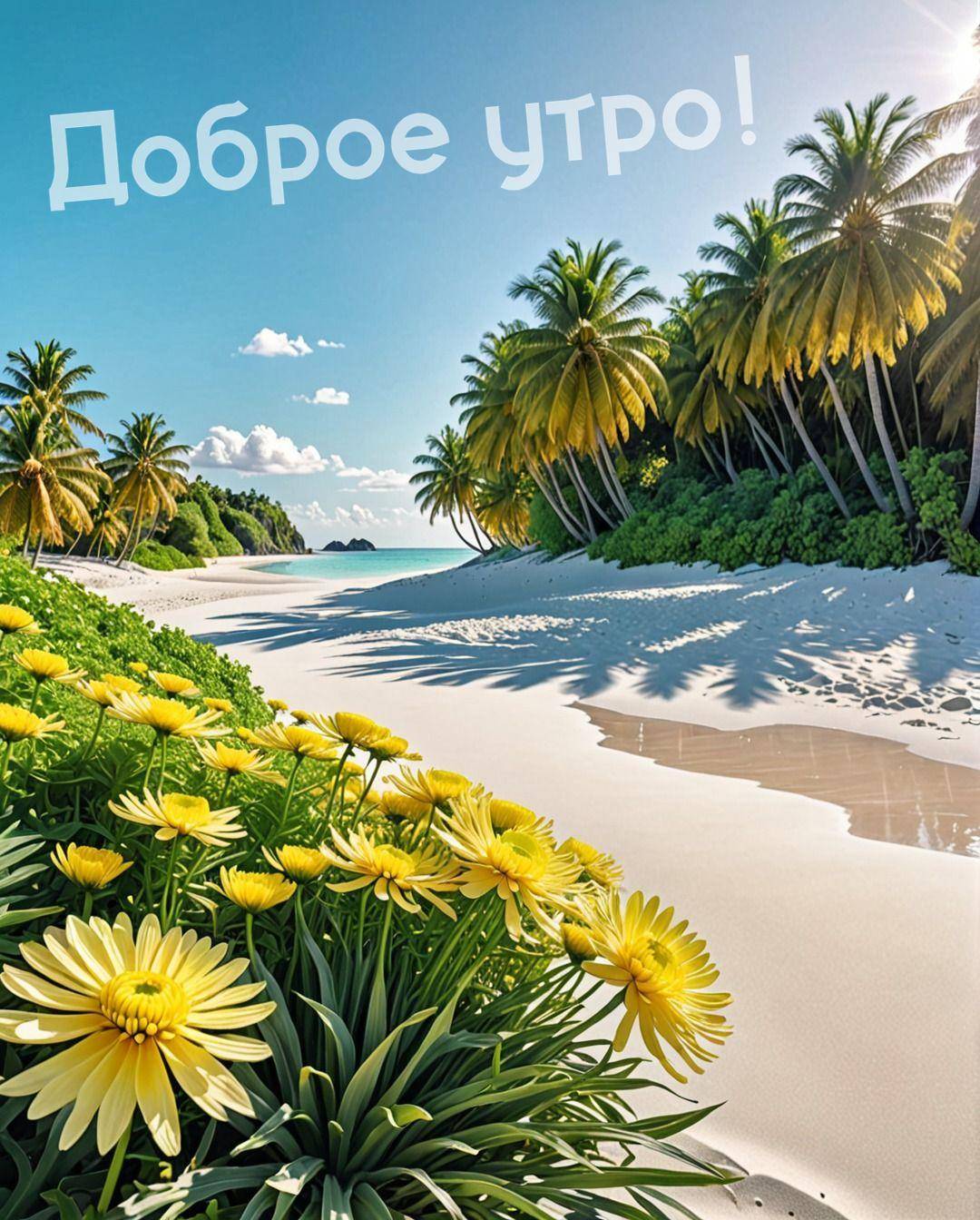 Тропический пляж с пальмами и желтыми цветами