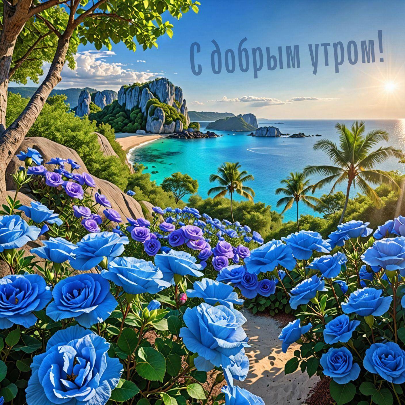 Тропический пляж, синие розы, море, скалы и растительность