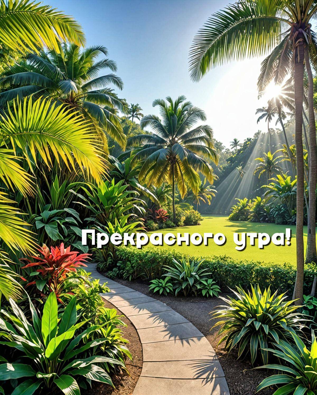 Тропический сад с пальмами и каменной дорожкой