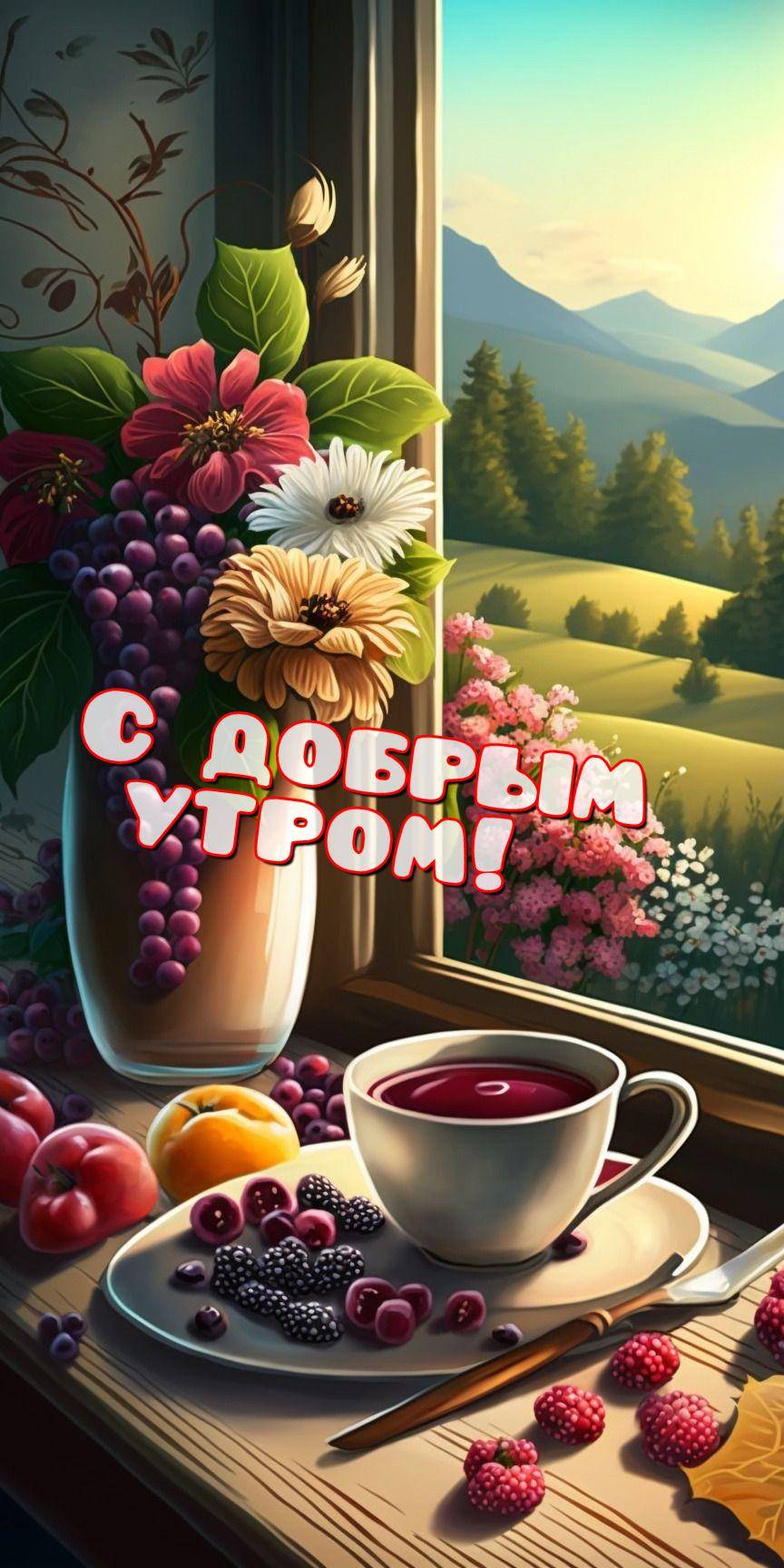 Цветочная композиция и фрукты на столе перед горным пейзажем