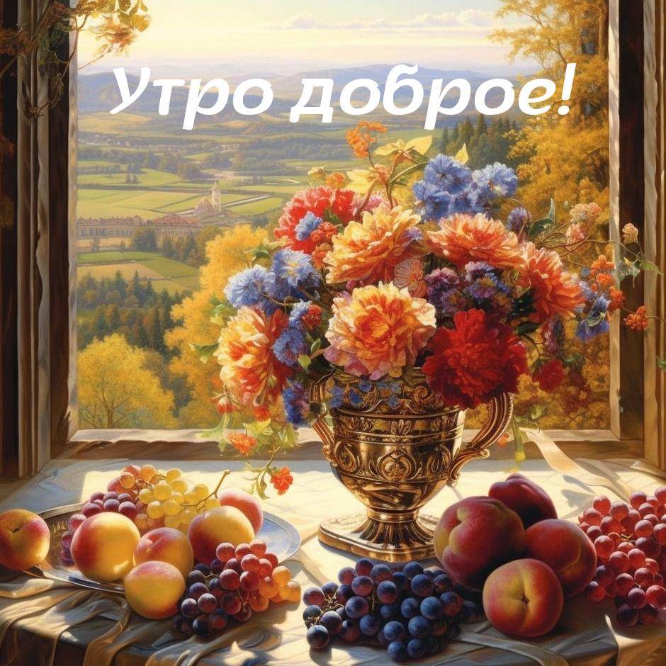 Цветочная композиция в золотой вазе и свежие фрукты на столе