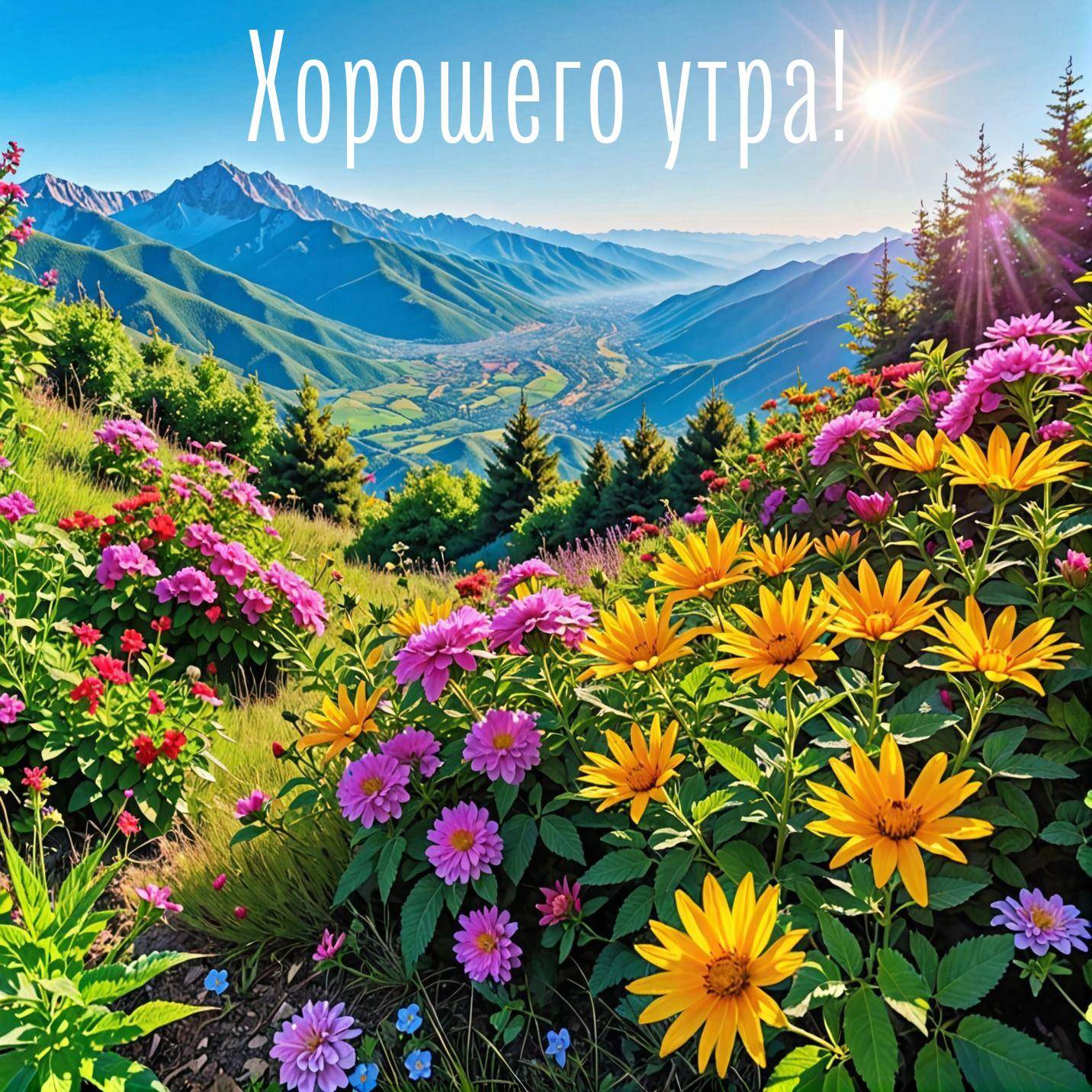 Цветущие растения на фоне гор и солнца