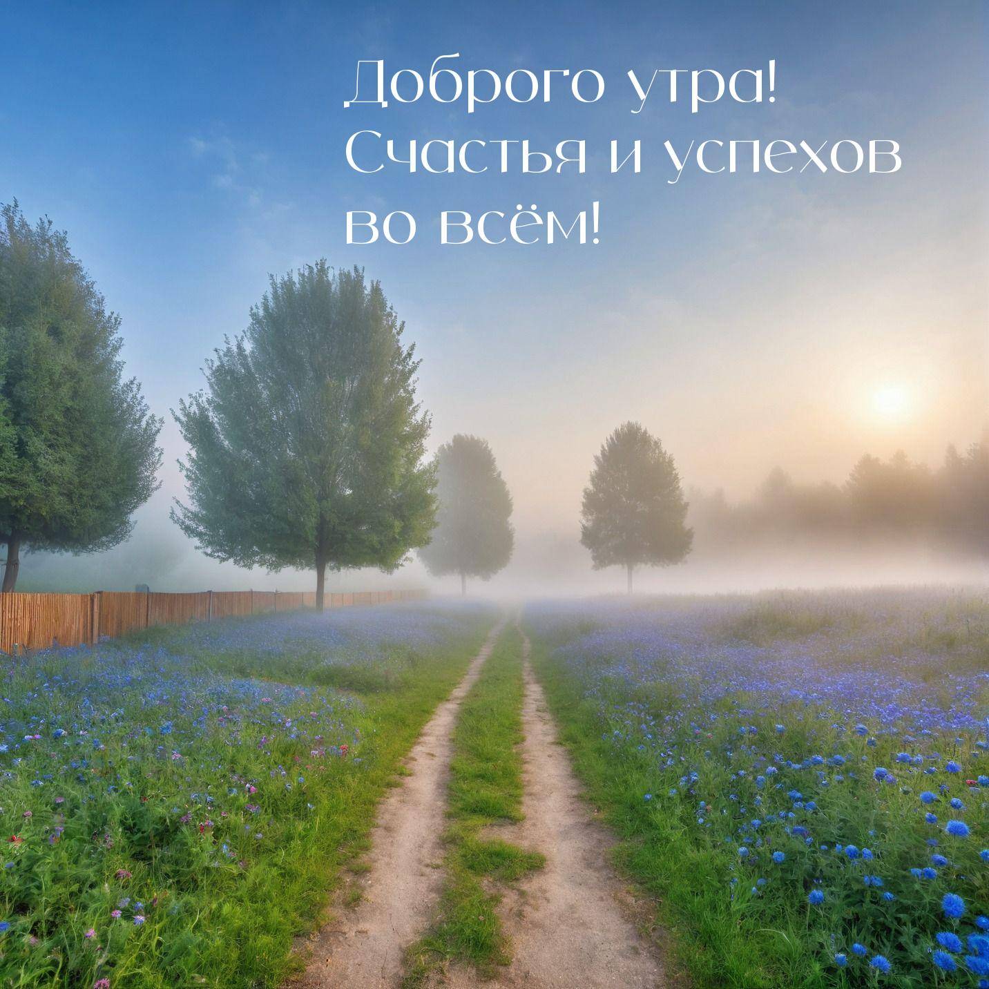Туманный рассвет на цветущем поле с деревьями