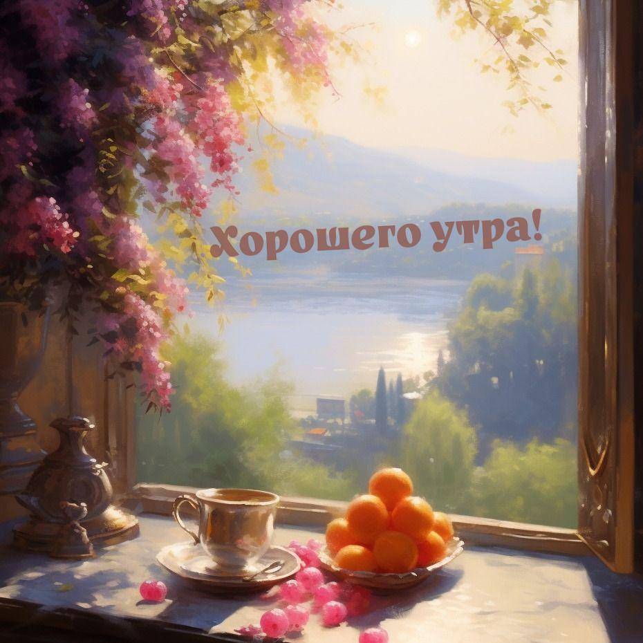 Вид из окна на холмы и воду, цветы и фрукты на подоконнике