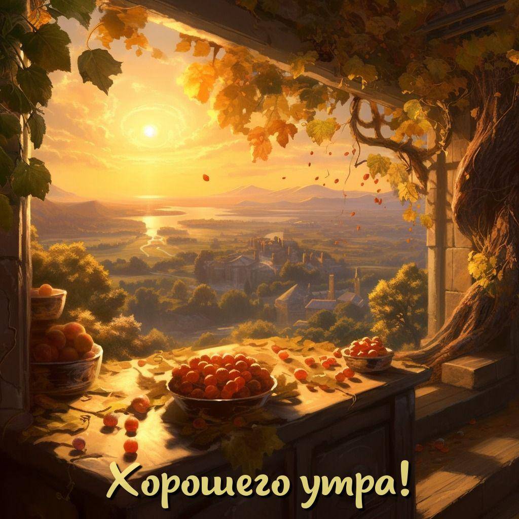 Вид из окна на рассвете, солнечные лучи сквозь виноград