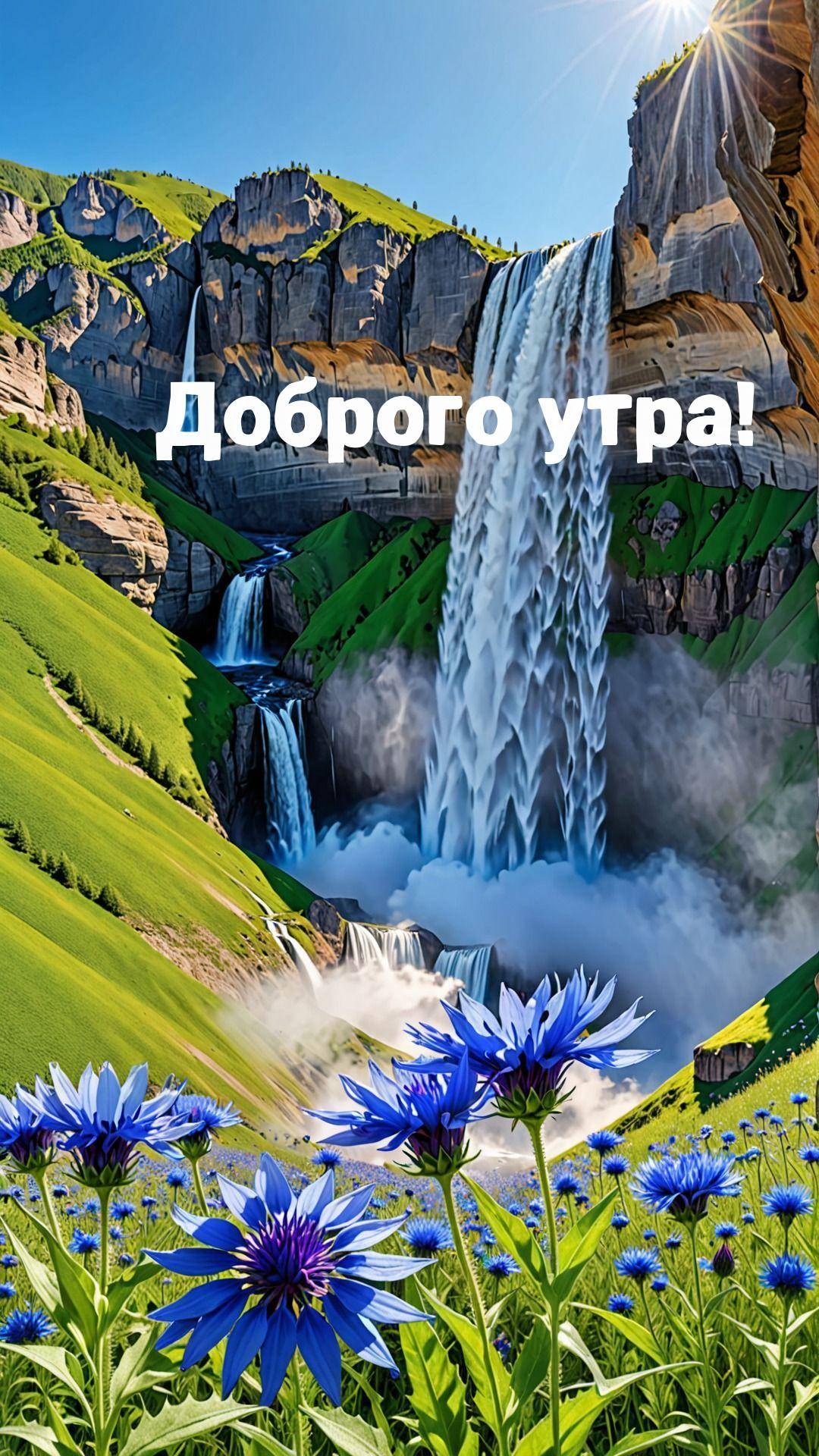 Водопад среди скал и зелёных холмов, голубые цветы на переднем плане